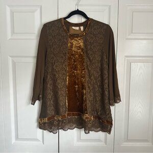LOGO Lavish Shirt Womens Small Brown Gold Lace Velvet Tunic Scallop Hem Boho